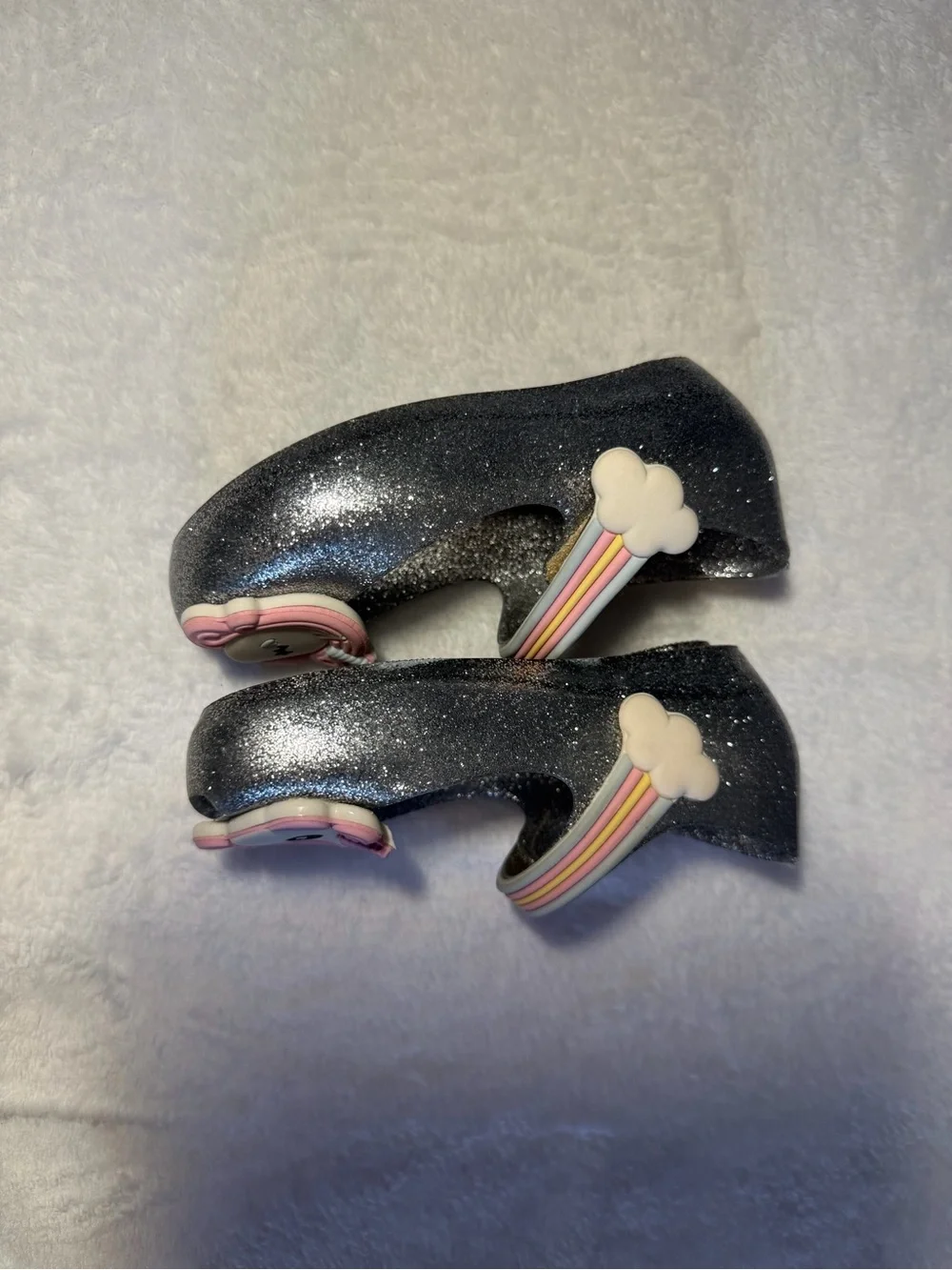 Mini Melissa Silver Glitter Mary Janes with Pink Unicorn Appliqués